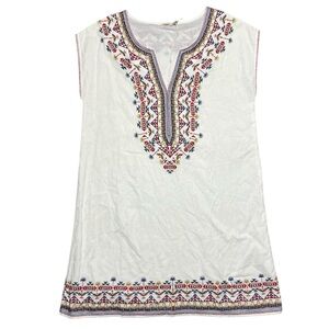 Faherty Dress Women’s Small White Blue Red Embroidered Linen Boho Aztec Tunic